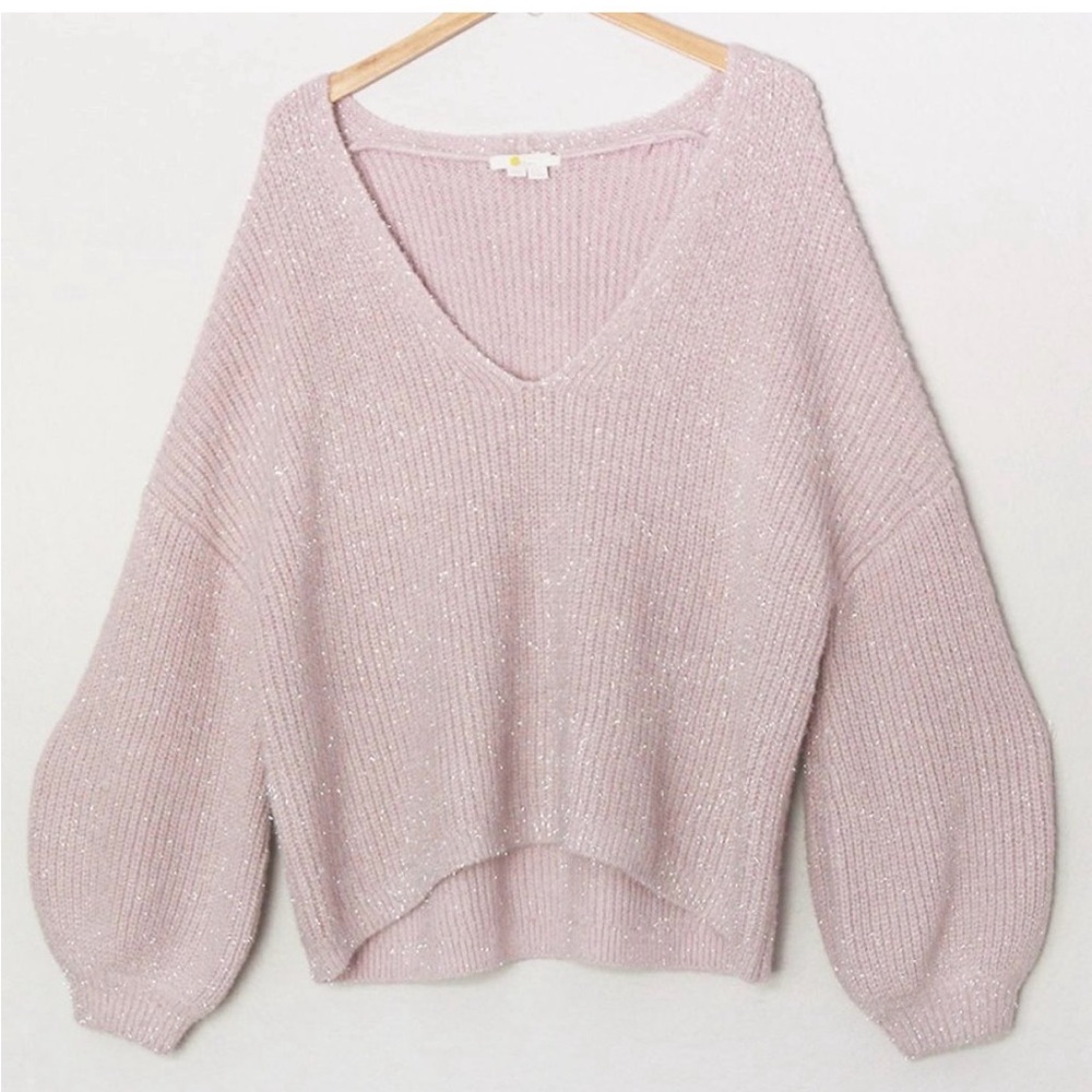 Boden Light Pink Silver Fluffy Bubble Sleeve V-Neck Sweater